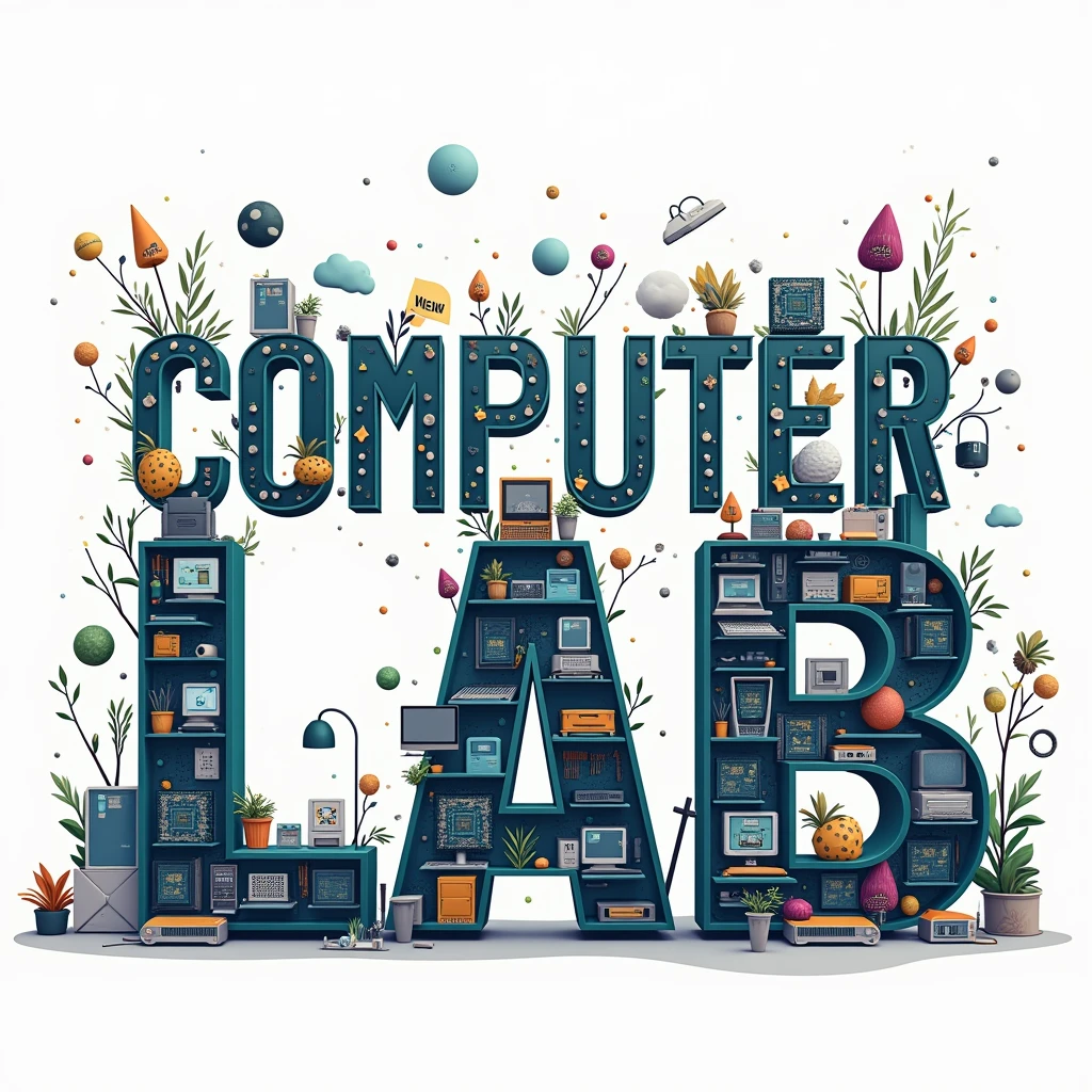 Illustrate the words "Computer Lab" and have each letter completely filled with an object from the field of computer science. Let the size be 2250x1680
Illustration concept:
C: CPU (Central Processing Unit)
O: Optical Mouse
M: Motherboard
P: Power Supply Unit
U: USB Flash Drive
T: Tablet
E: Ethernet Cable
R: RAM (Random Access Memory)
L: Laptop
A: Arduino Board
B: Bluetooth Headset