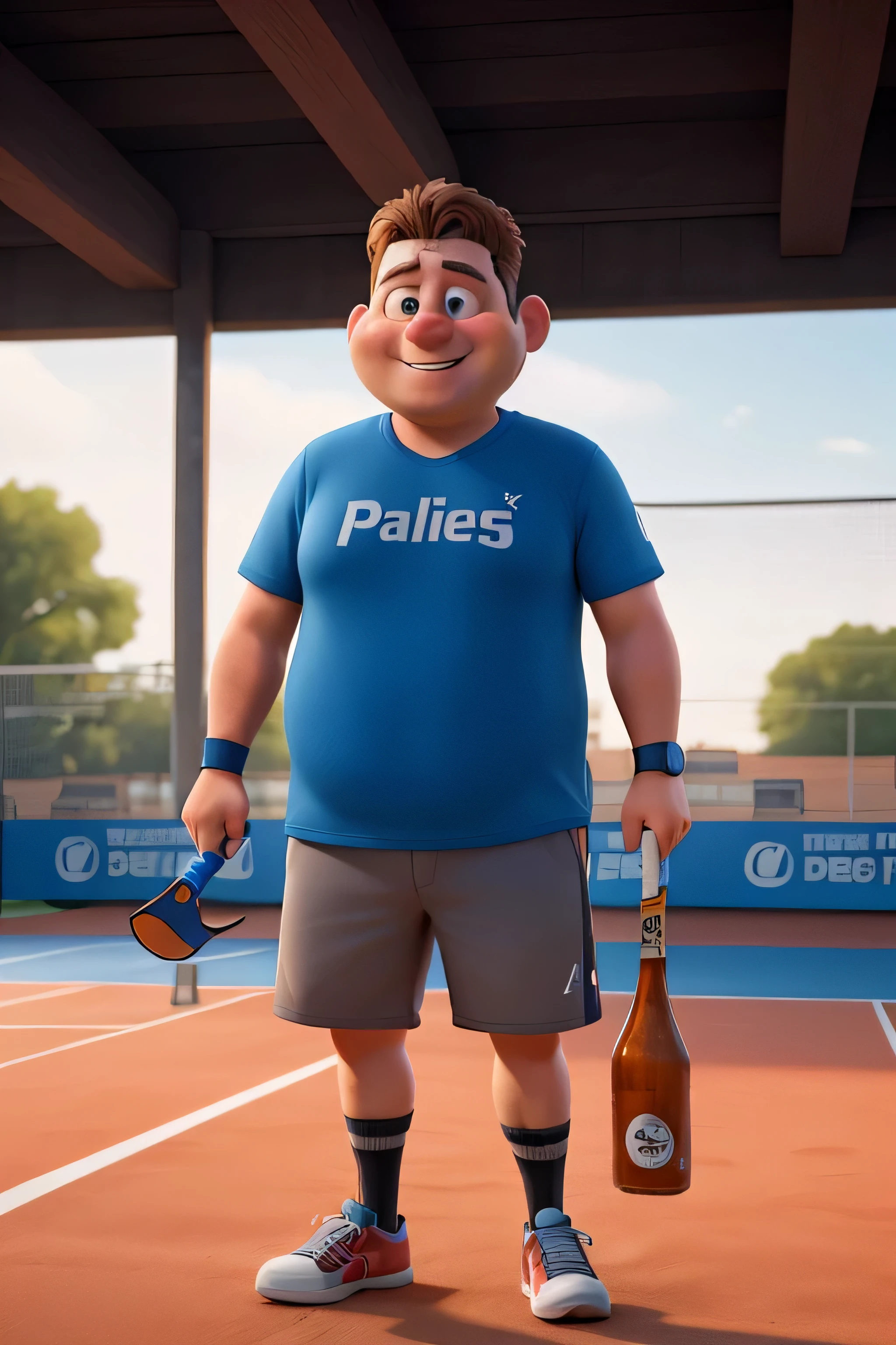 Obese man .playing padel.l bottles of beer. smiling ,Padel court, colorful headband 3d animation
