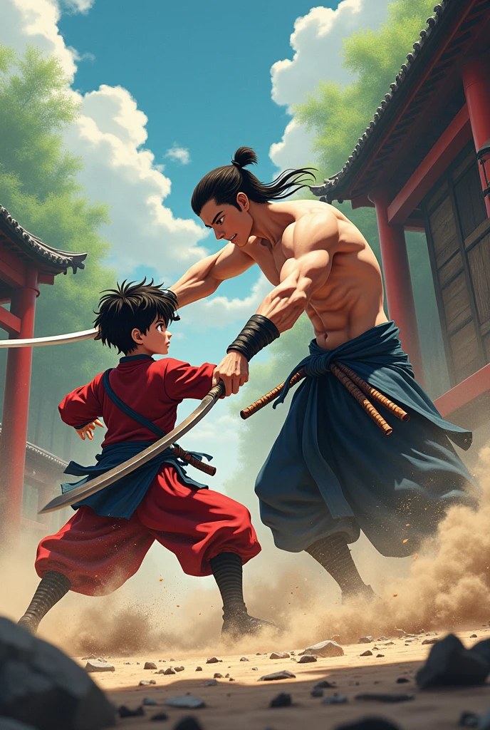 A dynamic anime-style poster featuring a teenage samurai facing off against a tall, muscular man who is shirtless. The scene is set in feudal Japan, with a focus on dynamic poses that convey a sense of motion and intense action. The art should evoke a cinematic feel, with a camera angle that emphasizes the dramatic confrontation. The teenager should be in mid-attack, while the muscular man prepares to counter, both surrounded by swirling dust and debris. The background should include traditional Japanese elements like torii gates, bamboo forests, and old wooden buildings. 

**Art Details:** 16K, HDR, RTX, raytracing, natural lighting, absurd resolution, best quality, masterpiece, perfect anatomy, highly detailed faces, intense and determined expressions, intricate armor details, flowing hair and clothing, glowing weapons, dynamic composition, award-winning style, trending on art platforms.