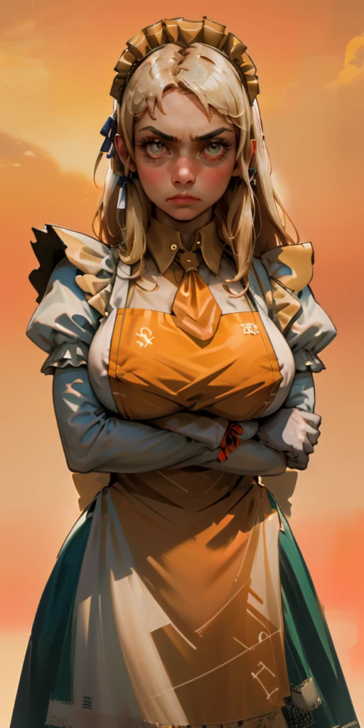 1girl, apron, blonde hair, bow, breast hold, breasts, brooch, closed mouth, crossed arms, dress, dusk, enmaided, evening, frown, ginkgo leaf, gradient, gradient background, long hair, long sleeves, looking at viewer, maid, maid apron, maid headdress, medium breasts, orange background, orange sky, orange theme, ribbon, solo, sunflower, sunset, v-shaped eyebrows, white apron, yellow background, yellow sky, yellow theme