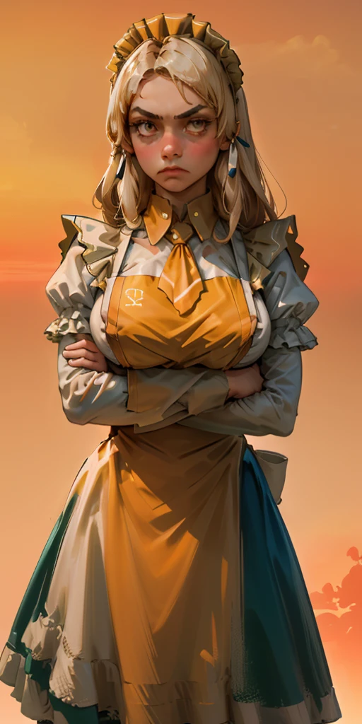 1girl, apron, blonde hair, bow, breast hold, breasts, brooch, closed mouth, crossed arms, dress, dusk, enmaided, evening, frown, ginkgo leaf, gradient, gradient background, long hair, long sleeves, looking at viewer, maid, maid apron, maid headdress, medium breasts, orange background, orange sky, orange theme, ribbon, solo, sunflower, sunset, v-shaped eyebrows, white apron, yellow background, yellow sky, yellow theme