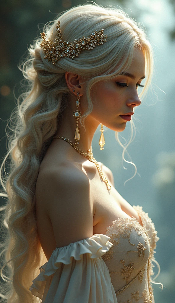 a woman with long hair wearing a dress and earrings, beautiful character painting, 8k high quality detailed art, beautiful alluring anime woman, ((a beautiful fantasy empress)), a beautiful fantasy empress, beautiful fantasy art, ethereal beauty, fantasy art style, beautiful maiden, beautiful anime woman, beautiful fantasy maiden, beautiful digital artwork, trending on cgstation, guweiz