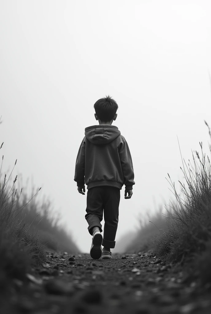 A boy chasing dreams from back side in black and white 