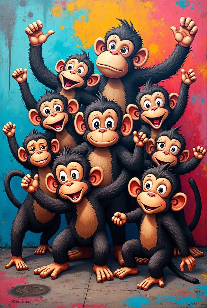 Create me a graffiti of a family of monkeys that has 3 babies, one girl and two boys , 2 teenagers, one female and the other male , 7 adults 3 men 4 women and dad and mom in total 13 monkeys that have different gestures can be cartoon monkeys 
