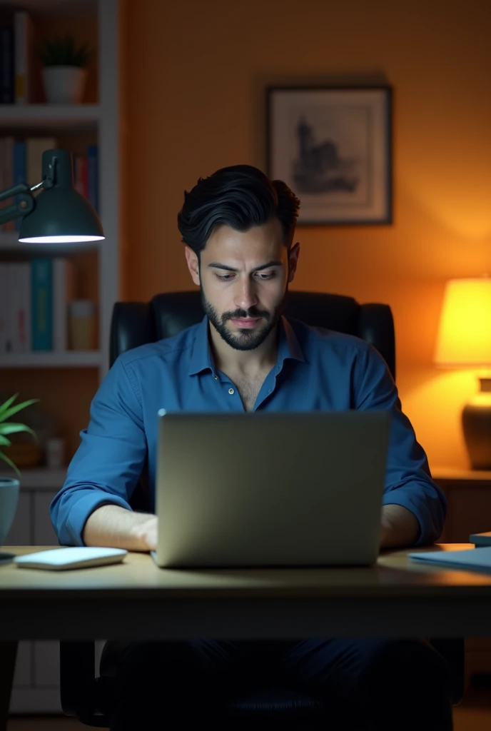Imagine a man running facebook ads sitting on chair with laptop on table and lamp besides him .