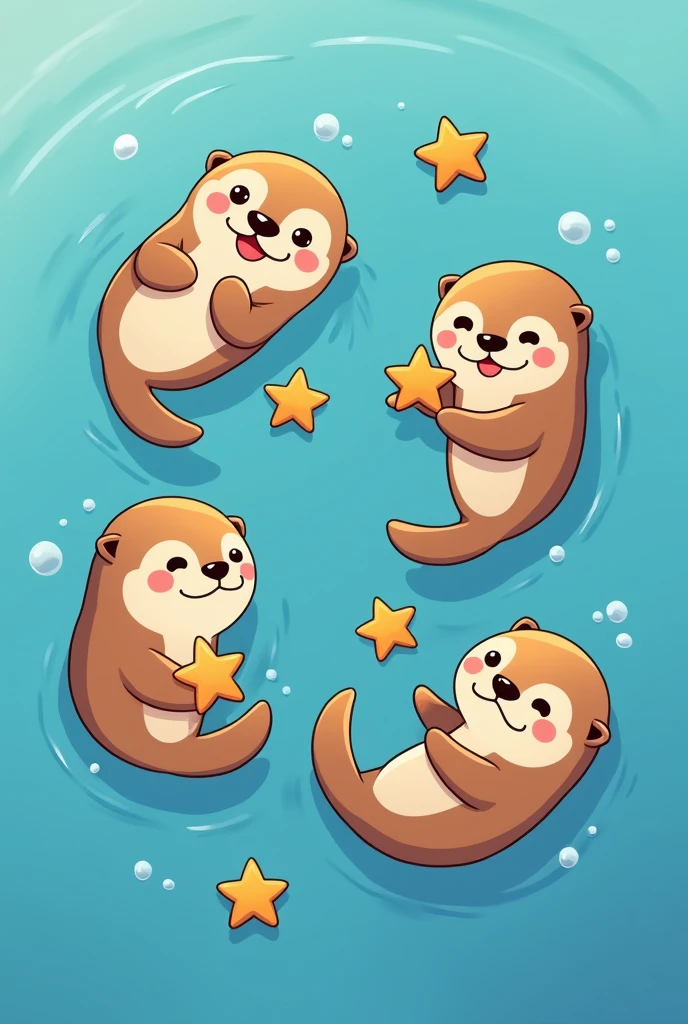 Top-down view of a group of five or more playful sea otters floating together in a cartoon style, each holding a sea star. The sea stars should have simple, distinct outlines to make them easy to recolor in post-production. The otters are cute and expressive, with varied poses and playful interactions. The background is a calm, flat blue ocean, adding to the lighthearted and cheerful atmosphere.