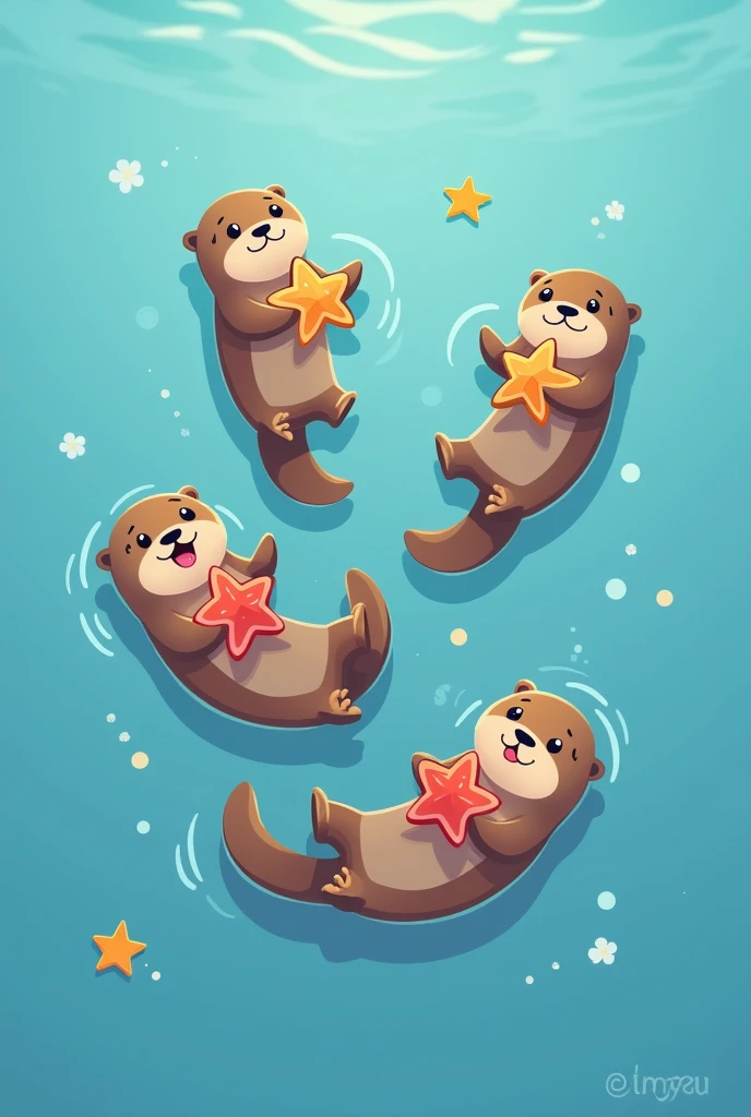 Top-down view of a group of five or more playful sea otters floating together in a cartoon style, each holding a sea star. The sea stars should have simple, distinct outlines to make them easy to recolor in post-production. The otters are cute and expressive, with varied poses and playful interactions. The background is a calm, flat blue ocean, adding to the lighthearted and cheerful atmosphere.