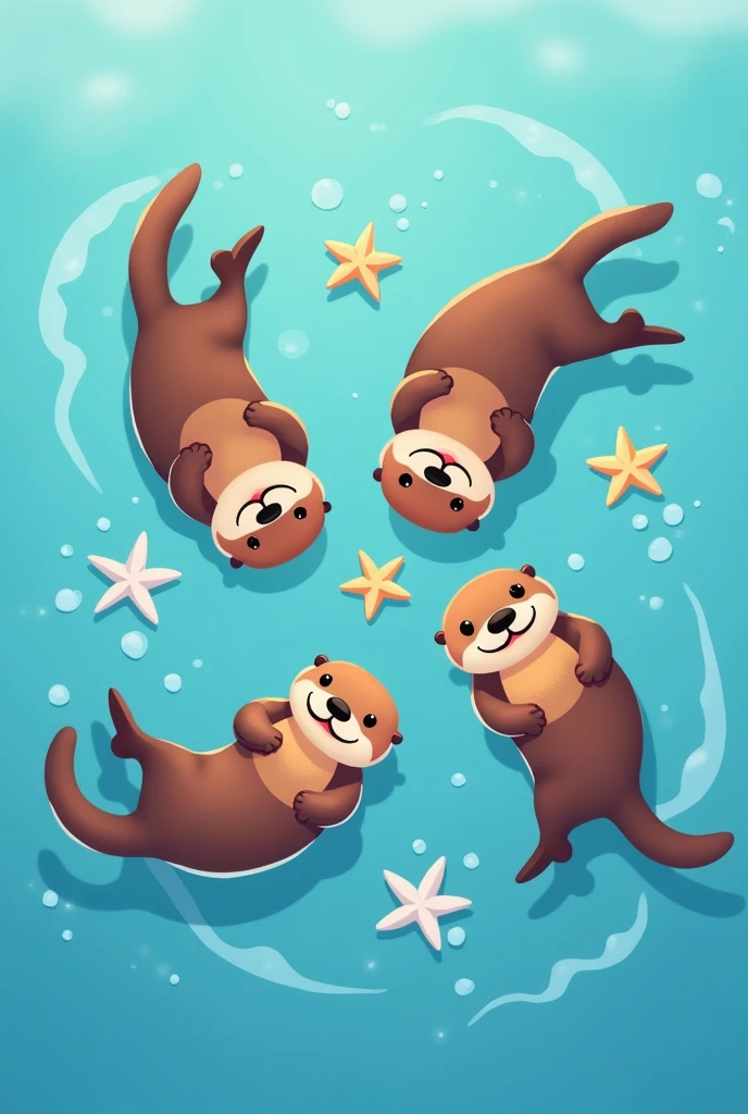 Top-down view of a group of five or more playful sea otters floating together in a cartoon style, each holding a sea star. The sea stars should have simple, distinct outlines to make them easy to recolor in post-production. The otters are cute and expressive, with varied poses and playful interactions. The background is a calm, flat blue ocean, adding to the lighthearted and cheerful atmosphere.