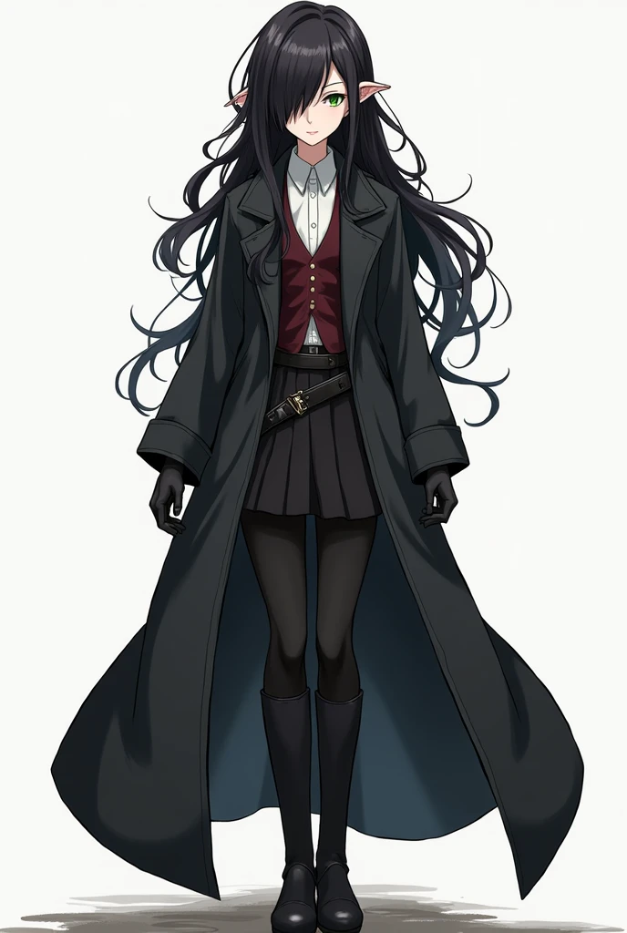 A female elf character, anime. Young and serene appearance of hair down to below the shoulders, wavy and dark, black, with an asymmetrical hairstyle that partially covers one side of her face, Her right eye is covered by her hair. His eyes are a deep green color. He is wearing black clothing that includes a long, dark trench coat., with long sleeves and a short that reaches to the middle of the thighs. The trench coat has a belt tied at the waist., that fastens in the front. He has a white button-down shirt and a small, wine-red, closed vest.. He wears gloves and high boots and a tie., los tres black. The posture and facial expression suggest that she is ready for a battle or quick action.. She is tall and serious.