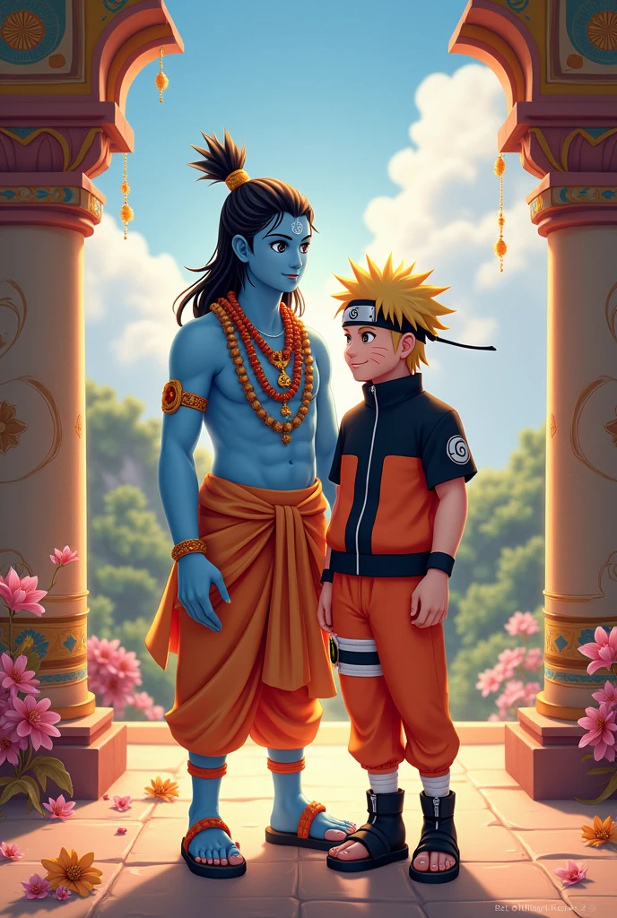 Create a cute image of Naruto & Shree Krishna for wishing anime fans "Happy Janmashtami"