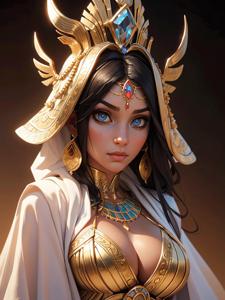 beautiful busty ancient Egyptian priestess woman, 1girl, ornate headdress, intricate jewelry, golden skin, piercing eyes, sculpted features, flowing robes, dramatic lighting, soft lighting, detailed facial features, realistic, photorealistic, (best quality,4k,8k,highres,masterpiece:1.2),ultra-detailed,(realistic,photorealistic,photo-realistic:1.37),cinematic, dramatic, fantasy, mystical, ethereal
