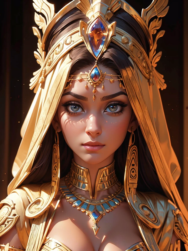 beautiful busty ancient Egyptian priestess woman, 1girl, ornate headdress, intricate jewelry, golden skin, piercing eyes, sculpted features, flowing robes, dramatic lighting, soft lighting, detailed facial features, realistic, photorealistic, (best quality,4k,8k,highres,masterpiece:1.2),ultra-detailed,(realistic,photorealistic,photo-realistic:1.37),cinematic, dramatic, fantasy, mystical, ethereal