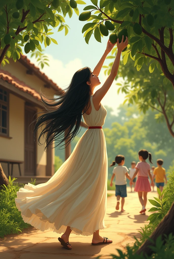 black-haired teacher, long and loose. at the country school with children playing and the teacher picking avocados, with a beautiful dress 
