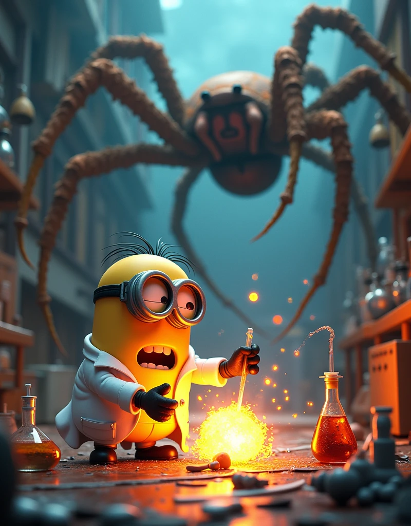 Minion Kevin the scientist in the lab scene creating a small explosion. The lab was in chaos with equipment scattered everywhere.. Giant Spider