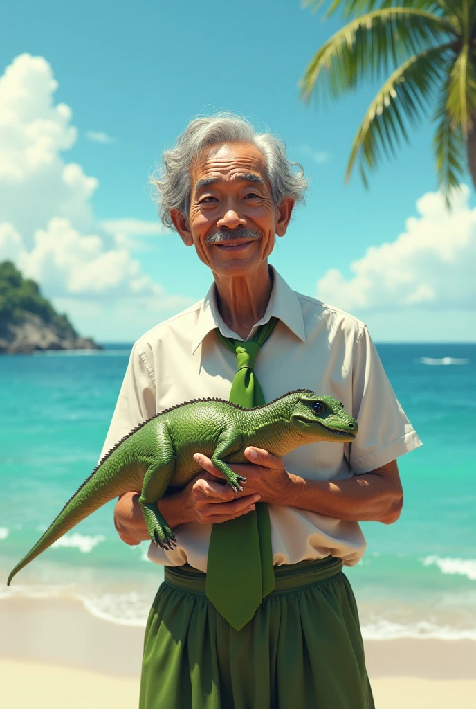 Old Thai man with curly hair, white shirt, green tie, holding a dinosaur, sea background image