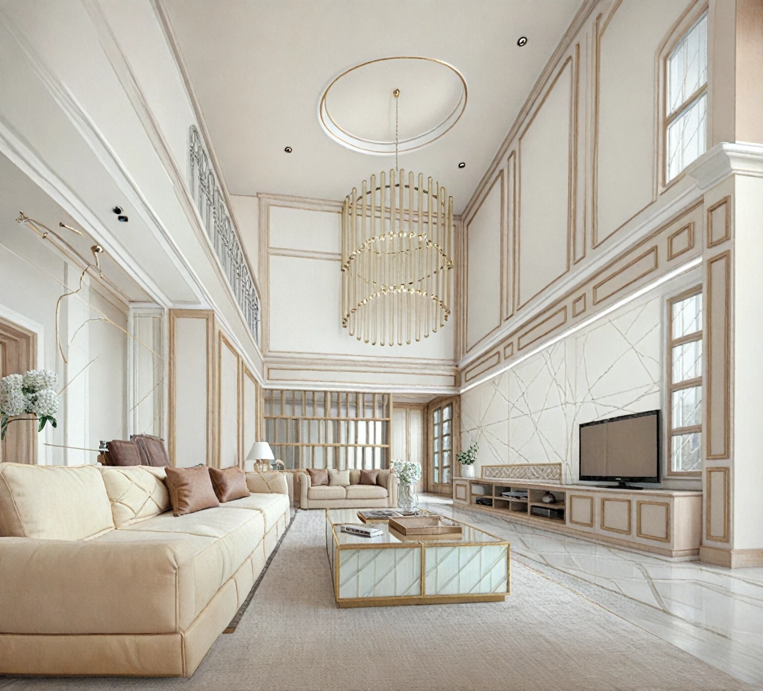 RAW photo, masterpiece, a view of a ( LIVING ROOM :1.3) with a couch, chairs, and a chandelier, highly detailed interior, neo - classical style, neoclassical style, neoclassicism style, interior architect architectural visualization, neoclassical style, in style of classicism, white light sun, rendered in vray, rendered in v-ray, rendered in unreal engine 3d, (photorealistic:1.2), (photorealistic:1.5), best quality, ultra high res, architechture, (leather sofa detail:1.5), neoclassic house, (detailed railing neoclassic:1.5), luxury neoclassical villa, (mable floor details:1.5), (detailed neoclassical carpet:1.5), in the style of neoclassical scene, glass windows, best quality, (Intricate lines:1.5), ((Photorealism:1.5)),(((hyper detail:1.5))), archdaily, award winning design, (dynamic light:1.3), (day light:1.2), (perfect light:1.3), (shimering light :1.4), refection glass windows, (curved line architecture arch:1.2), photorealistic, FKAA, TXAA, RTX, SSAO, Post Processing, Post-Production, CGI, VFX, SFX, Full color,((Unreal Engine 5)), Canon EOS R5 Camera + Lens RF 45MP full-frame CMOS sensor, HDR, Realistic, Cinematic intricate detail, extreme detail, science, hyper-detail, FKAA, super detail, super realistic, crazy detail, intricate detail, nice color grading, reflected light on glass, eye-catching wall lights, unreal engine 5, octane render, cinematic, trending on artstation, High-fidelity, Viwvid, Crisp, Sharp, Bright, Stunning, ((Lifelike)), Natural, ((Eye-catching)), Illuminating, Flawless, High-quality,Sharp edge rendering, medium soft lighting, photographic render, detailed archviz, ((( WHITE Tone : 5 )))