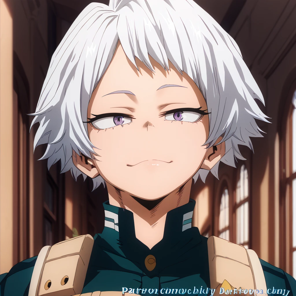 Detailed, best quality, 1 female, My Hero Academia PE uniform, short white hair, boy-cut hair, purple eyes, fully lidded eyes, evil eyes, no smile, stocky, hallway background