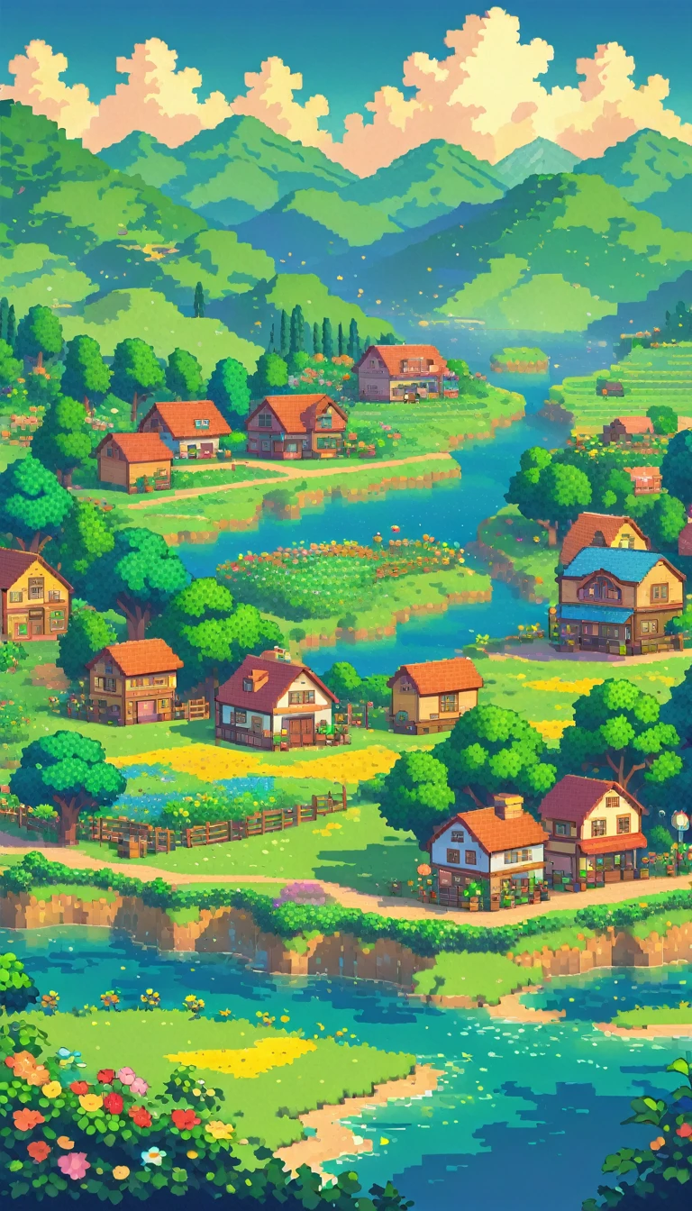 ultrawide landscape lofi stardew valley pixel, kawaii city, No people