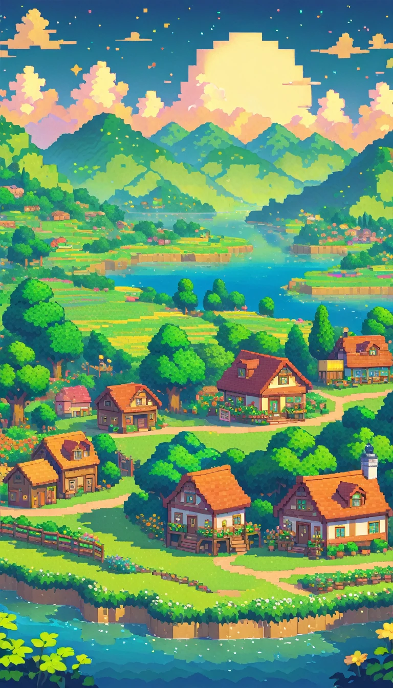 ultrawide landscape lofi stardew valley pixel, kawaii city, No people