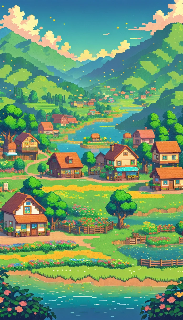 ultrawide landscape lofi stardew valley pixel, kawaii city, No people