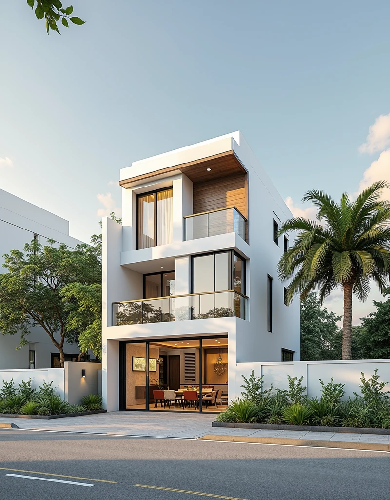 maison de ville moderne sur rue, (sun set), arbre tropical, couleur vive, paysages de rue, white tone, white wall, Large glass door, (Warm interior lighting:1.2), wood and marble, best quality, 18ArchiAI_VL-v1