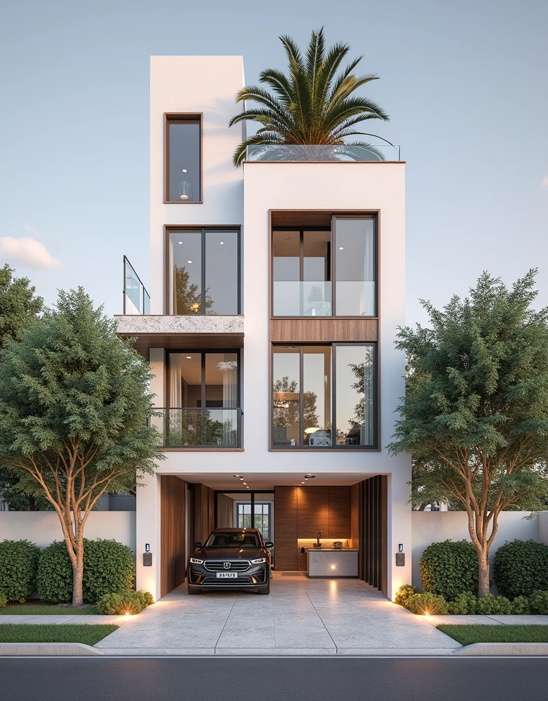 maison de ville moderne sur rue, (sun set), arbre tropical, couleur vive, paysages de rue, white tone, white wall, Large glass door, (Warm interior lighting:1.2), wood and marble, best quality, 18ArchiAI_VL-v1