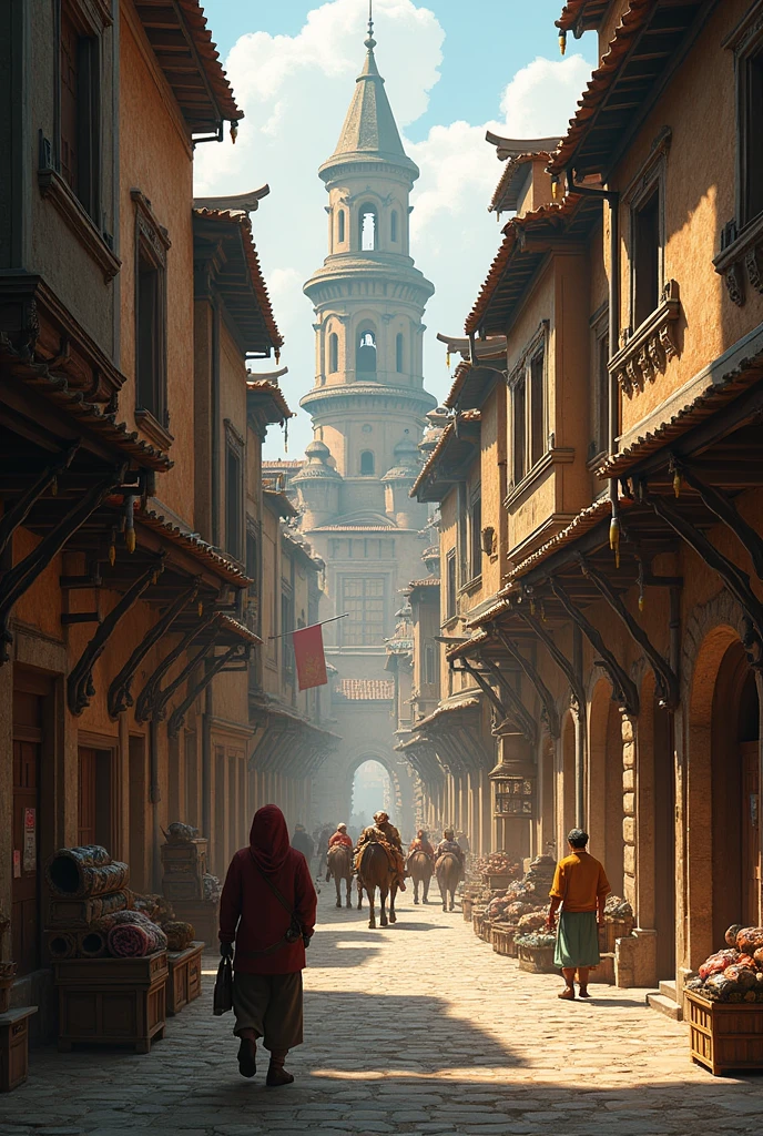 A street with buildings on the sides in an ancient time 