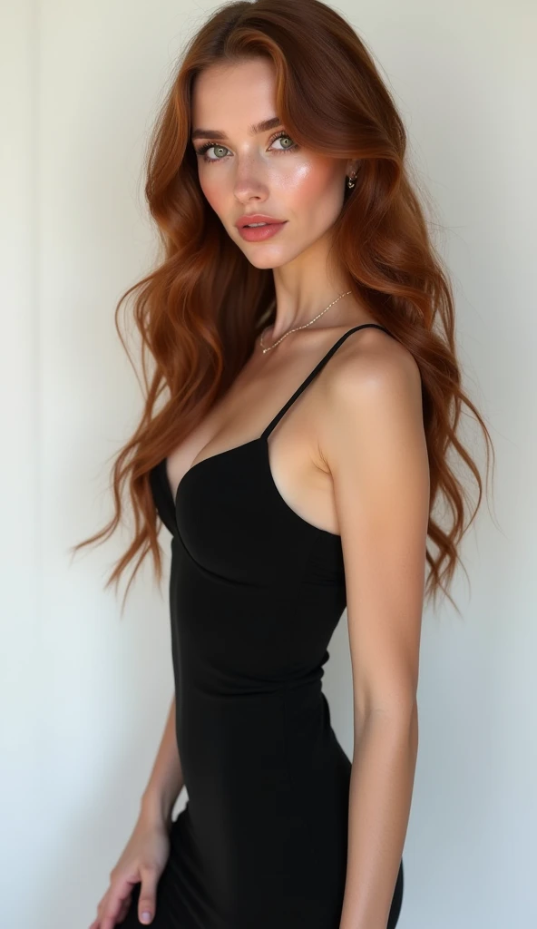 1 woman, full body shot (1.3),close up face shot (1.3), face shot, corridor,Soft Light, American Beauty,Tight Fit,dress,Light-haired,long hair,
white background, gorgeous American woman, with thick and long wavy auburn brown hair, big and large brown bright eyes, long and thick curly black eyelashes, upturned nose, high nose bridge, fullest and plumpest with a pout at the top rosy red luscious lips, heart face shape, high cheekbones, defined jawline, tiny face size, pale milky white traslucent perfect skin, whitening skin, hourglass shaped body, tiny and narrow waist, rounded hips, long and slender beautiful legs, big perfect brests (1.4), large breasts, bust size 84 cm, waist 60 cm, hips 86 cm, bra size 32 C, tall at 5’7, full body image, realistic, photorealistic, ultradetailed, skin texture, hyperealismHigh Resolution, Closed Mouth, highly detailed, high resolution 8K, wearing a tight fit black dress highliting her horglass body, detailed jewlry, 25-years-old