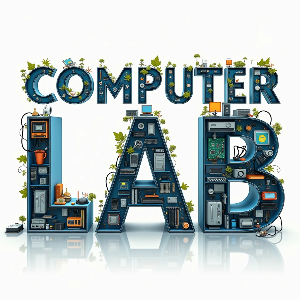 Illustrate the words "Computer Lab" and have each letter completely filled with an object from the field of computer science. Let the size be 2250x1680
Illustration concept:
C: CPU (Central Processing Unit)
O: Optical Mouse
M: Motherboard
P: Power Supply Unit
U: USB Flash Drive
T: Tablet
E: Ethernet Cable
R: RAM (Random Access Memory)
L: Laptop
A: Arduino Board
B: Bluetooth Headset