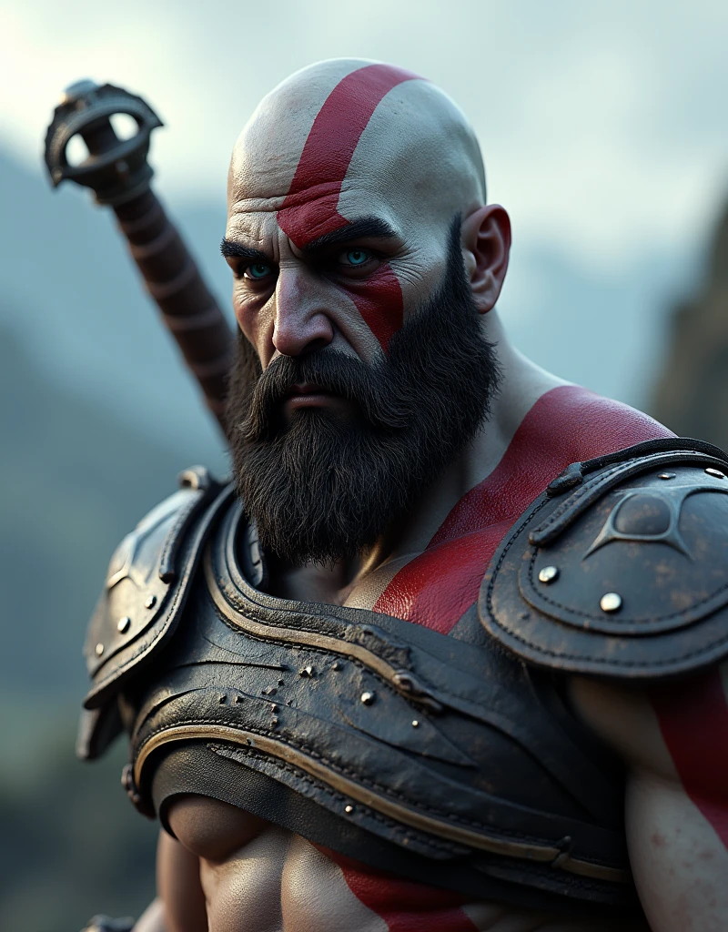 "kratos, main character of God of War, with their original swords, Blades of Chaos, generated with Unreal Engine 5.1, Rendered by Nvidia RTX GeForce 4090 and Processed by Intel Core i9-13900K. The armor is dark and worn, with leather and metal details. The swords are identical to the originals, with its distinctive design and serrated edge. La cara de kratos es igual a la oficial, with a serious and determined expression. The eyes are blue and penetrating. he is bald, with a completely shaved head. The lighting is dramatic, with deep shadows and intense lights. The background is blurry, with a landscape of mountains and cloudy sky. The image is hyperrealistic, with extremely precise details and realistic textures. The look is cinematic, with a focus on action and character intensity." 