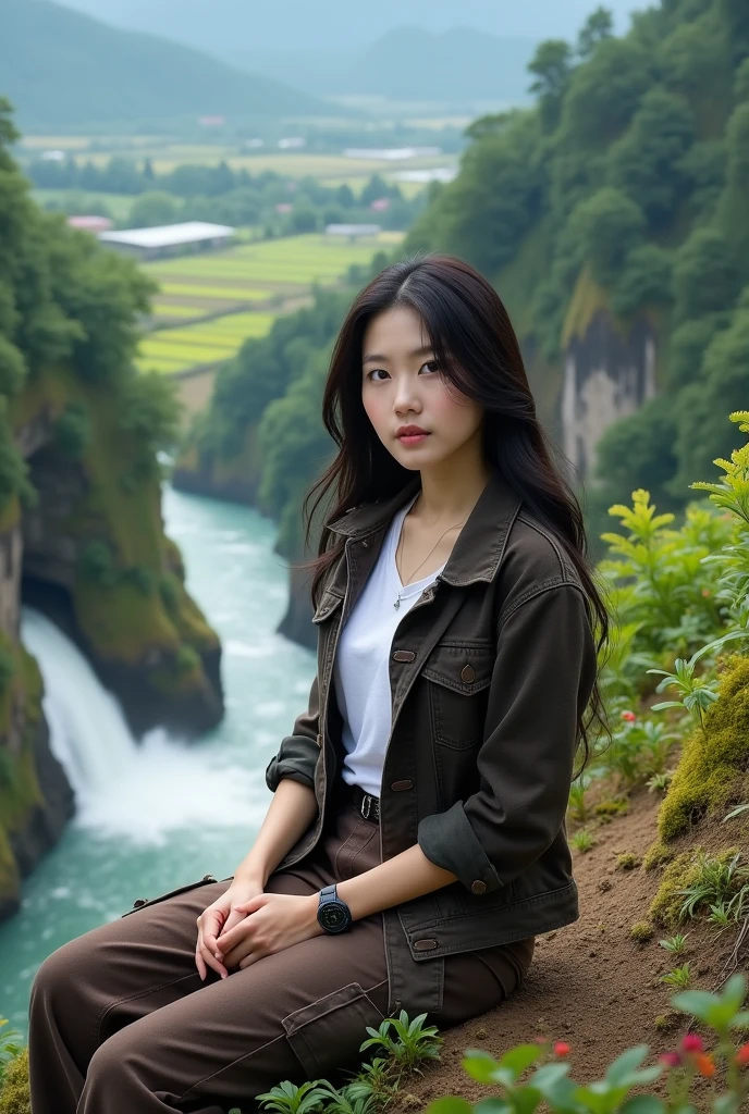 Beautiful Korean girl, smooth white skin, well-groomed face, long black hair. Dark brown jeans jacket, white t-shirt, cargo pants, cool black watch, sitting on a high mountain, in the background, visible from above is a river flowing fast from a waterfall. . Trees, green and spacious rice fields, cliffs covered with moss and beautiful flowers, original photos, realistic.