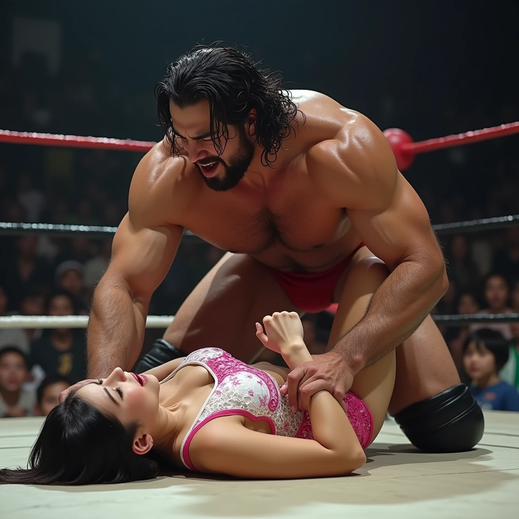 Browsing Caution,(8k, Realistic, RAW Photos,pov shot,Highest quality: 1.4),I am a big male wrestler who competes against female athletes in professional wrestling.She is slim, busty japanese lady.Shiny long hair.The shiny pink and white lace leotard accentuates her ample bustline.she is lying down on the ground.I sit on her top and face to face.(I straddle her and presses my crotch against her:1.5).Use my left arm to pin her right arm to the ground.I squeeze her breast with my hand.(She is screaming in extreme pain, Severe pain).(Her leotard is badly torn:1.4).cum in pussy.