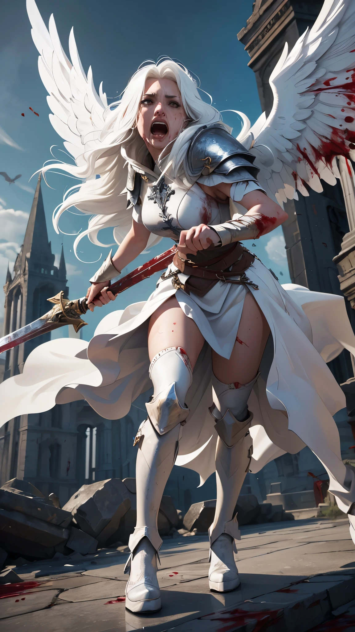 (madness), (dynamic), (motion), full body, raging battle (battlefield),  (40 year old female cleric),  (long white hair ),(white angel wings), (sexy dirty white armor), carnage, (blood splatter), crusing enemy, injured, blood, sweat, anger screaming, wielding sword dripping with blood , ground fog, white marble towers in the background, evil athmosphere, ((dark fantasy)), ((cinematic))