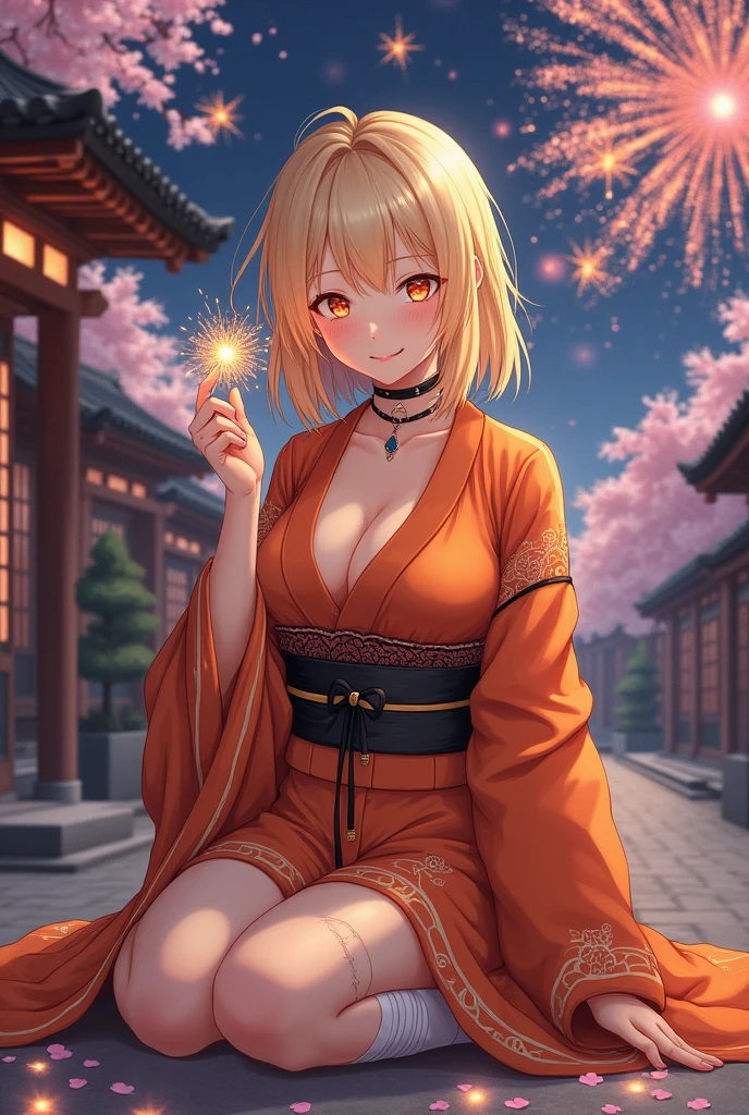masterpiece, absurdres, best quality, ultra detailed, high Resolution, detailed illustration, bright colour, (extremely beautiful detailed face and eyes, Delicate beautiful face, 1 girl, 18yo, cute face:1.3), (magenta eyes:1.1), sparkling eyes, big eyes, (medium breasts:1.3), (perky breasts:1.1), (pointy breasts:1.1), medium hips, glamorous body, white skin, BREAK, (blonde hair:0.8), messy hair, detailed hair, shiny hair, BREAK (yukata, undressed:1.3), perfect lighting, (ecstasy, vulgarity:1.5), (embarrassed:1.3), rape, (firework:1.2)
