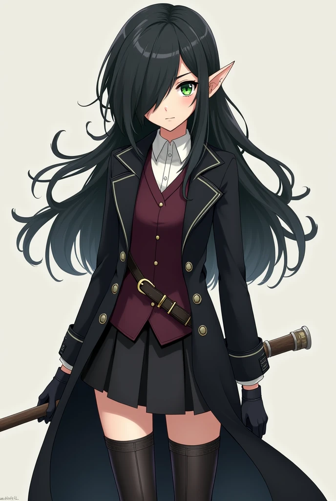 A female elf character, anime. Young and serene appearance of hair down to below the shoulders, wavy and dark, black, with an asymmetrical hairstyle that partially covers one side of her face, Her right eye is covered by her hair. His eyes are a deep green color. He is wearing black clothing that includes a long, dark trench coat., with long sleeves and a short that reaches to the middle of the thighs. The trench coat has a belt tied at the waist., that fastens in the front. He has a white button-down shirt and a small, wine-red, closed vest.. He wears gloves and high boots and a tie., los tres black. The posture and facial expression suggest that she is ready for a battle or quick action.. She is tall and serious.