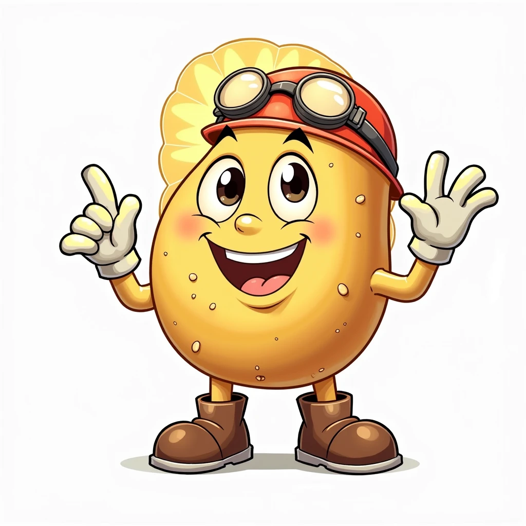 create on white background. create a cartoon style mascot in the shape of potato chips . The mascot must have a trunk and head in the shape of potato chips , with legs wearing safety boots. with arms wearing safety gloves.. wearing red safety helmet. with large size safety glasses like diving goggles. waving one hand.