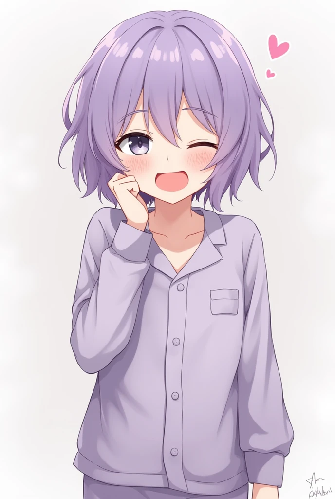 Short feminine male, purple hair, grey eyes, uwu, adult, wearing pyjama's, yawning