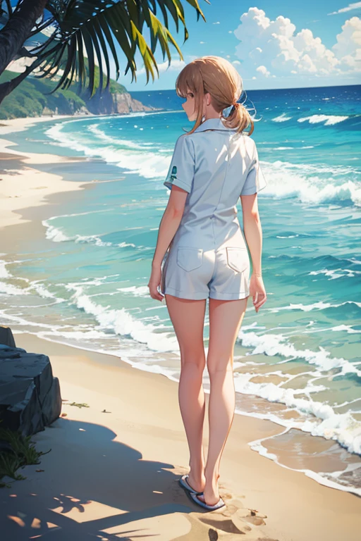 Ocean　Sandy Beach　feet　Back view　walk　uniform