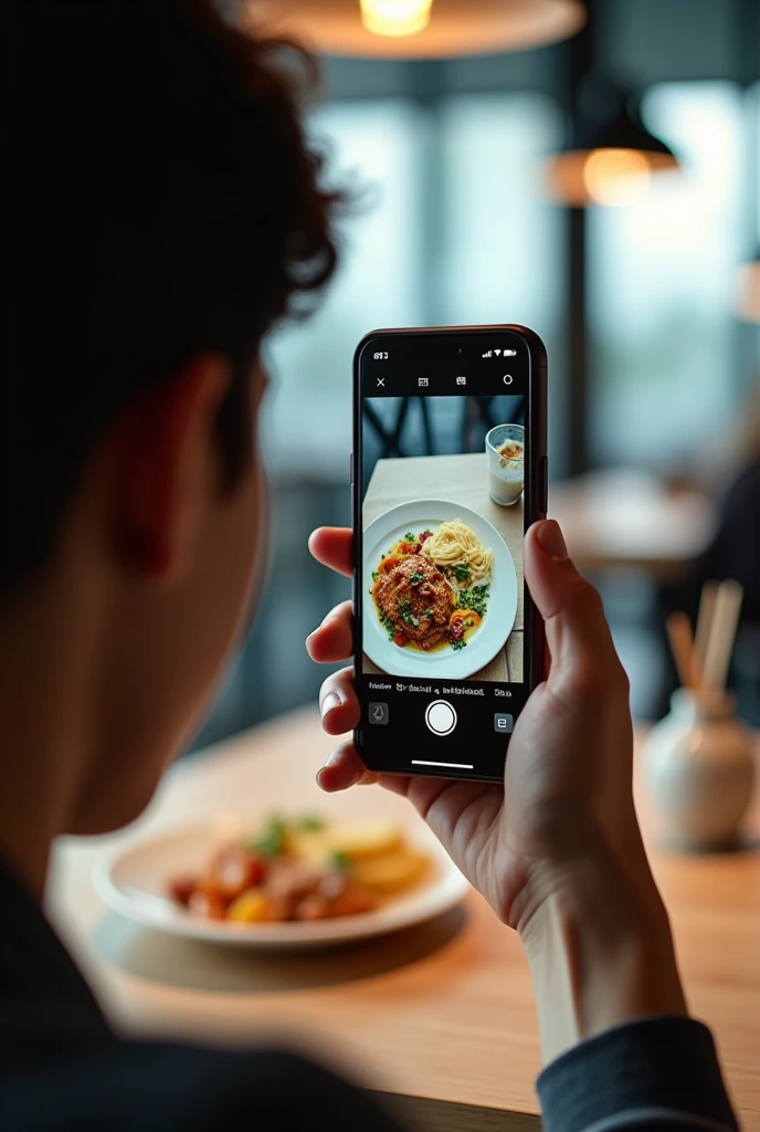 Give me a person taking a picture of a plate of food, but the plate of food is only seen on the screen of your cell phone and is not seen on the table in front of the person. 
Additionally, I need the information about the food to be displayed on the person&#39;s cell phone screen, such as the name of the food and a brief description. 
