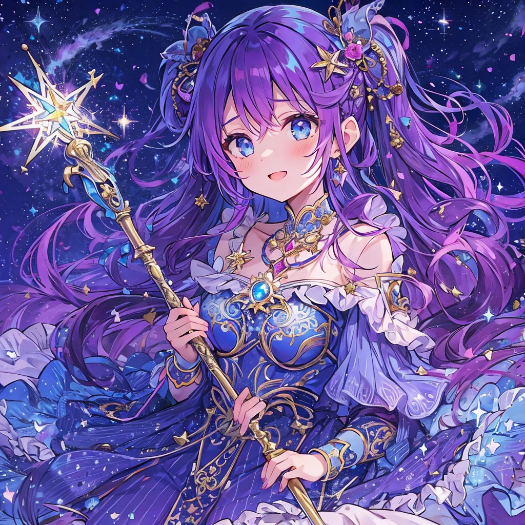 ((masterpiece, intricate details, high-resolution)), 1girl, young girl, twintails, purple hair, long hair, braided hair, holding magical staff, ornate staff, glowing staff, blue dress, flowing dress, ruffles, celestial ruffles, gentle smile, fantasy setting, magical girl, glowing stars, starlit sky, vibrant colors, glowing light, celestial background, detailed anime style, sparkles, cosmic energy, mystical atmosphere, looking at viewer, ethereal beauty