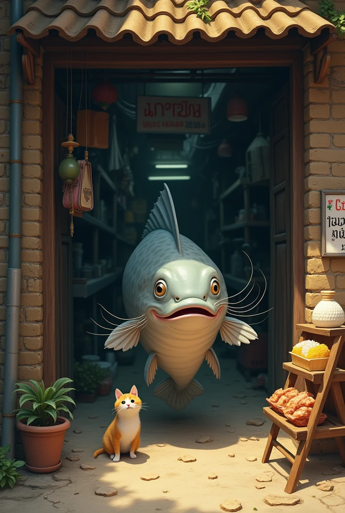 A catfish is walking to buy sticky rice and grilled pork at the entrance of the alley where a cat is standing.
