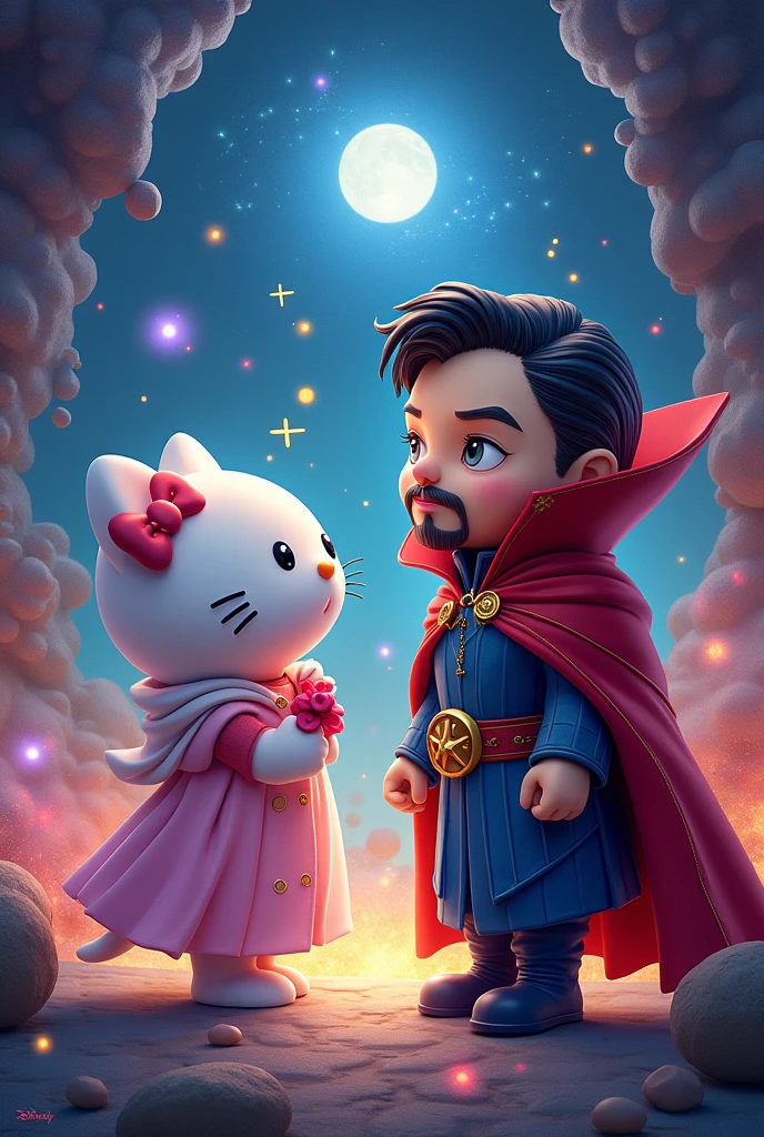 HELLO I WOULD LIKE TO CREATE A HELLO KITTY AND THE DR. STRANGE IN A CARTOON GIVING A KISS 