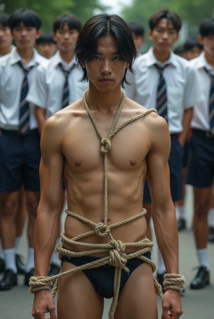 1boy、Handsome Men、Japanese male, 、Completely naked、Full nudity、erection、Huge penis、Highest quality、Realistic、beautiful、Sad look、 ((((Both arms were tied up with rope)))), ((((A very tight rope is crisscrossed over the chest)))),(((Body bound with tight rope)))、whole body、Surrounded by men and women in uniform、In front of the school gate、erection、完全Completely naked、On all fours、Prostration