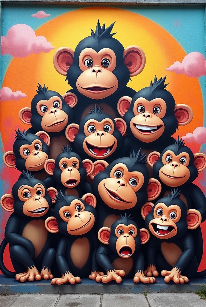 Create me a graffiti of a family of monkeys that has 3 babies, one girl and two boys , 2 teenagers, one female and the other male , 7 adults 3 men 4 women and dad and mom in total 13 monkeys that have different gestures can be cartoon monkeys remember there are 13 monkeys