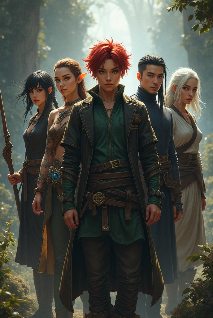 Group of 5 members, human green eyes, black hair, staff, with green clothes, An elf, red hair and green eyes with a bow and arrow 2, a human with hair, black clothing, 21 years, one brown eye and one blue, a human monk with black hair, a man with white hair and tattoos on his body