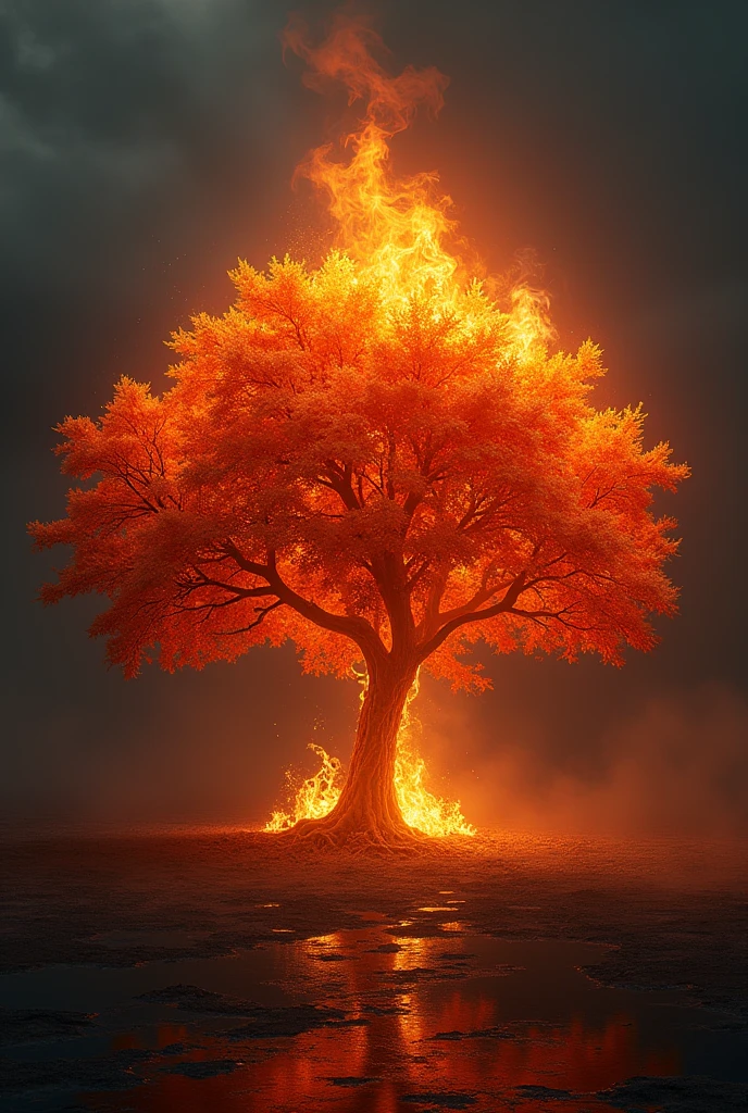 bush with the leaves of the tree on fire