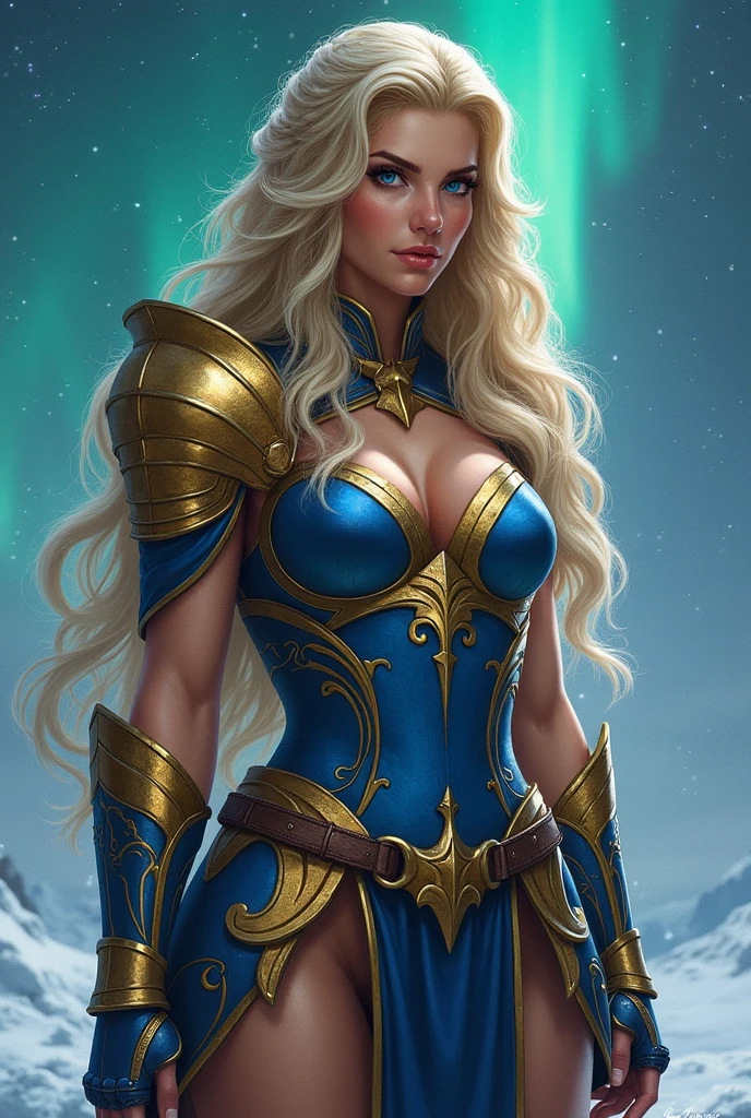 BOMBSHELL BLONDE WOMAN, WARRIOR FEMALE, TANNING SKIN BLUE EYES, HIGH CHEEKBONES, ROSY CHEEKS, MENTAL FORAMEN, HUGE LONG HAIR, DOUBLE BRAID HAIR, VOLUMOUS HAIR, BLUE AND GOLD LEOTARD ARMOUR, BLUE AND GOLD ARMOUR, GOLD GAUNTLETS, STRONG CURVY BODY, MUSCLES, GORGEOUS THICK THIGHS EXPOSED, DETAILED QUADRICEPS, MUSCLES, SIDE BODY VIEW, NORTHERN LIGHTS, NORTH POLE, SNOW, NIGHT SKY, ACCURATE IMAGE, MASTERPIECE.