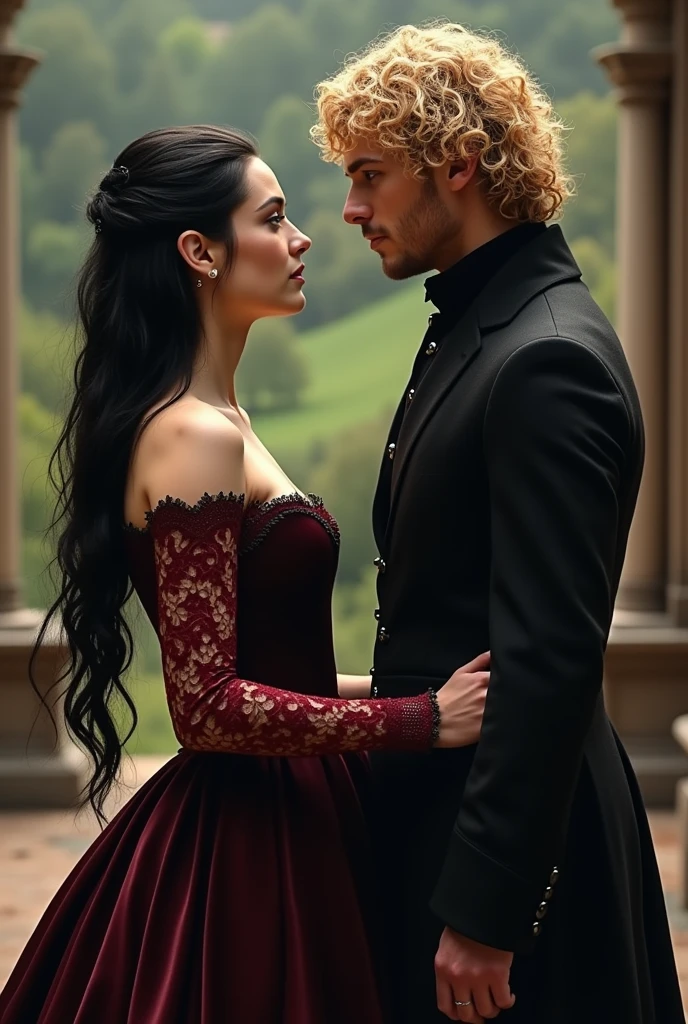 Create the image of a Targaryen woman dressed in a black dress with red lace sleeves, next to a Lannister man, of golden hair. Both boys are 2.