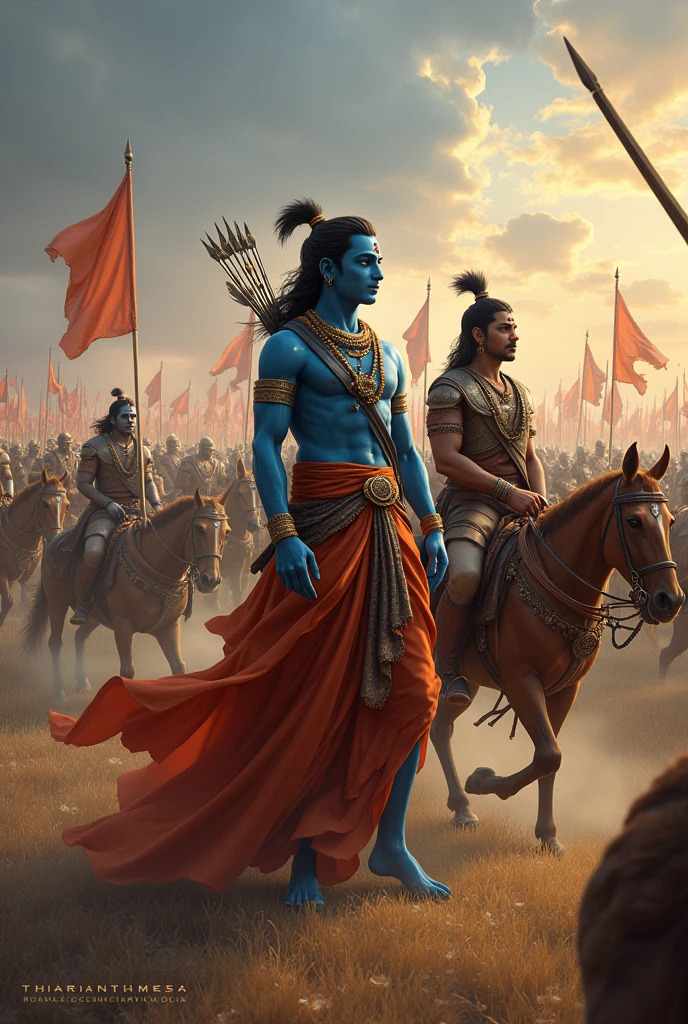 Krishna with Arjuna standing infront of their crores of army getting ready for the battle of kurukshetra including their chariot of horses 
