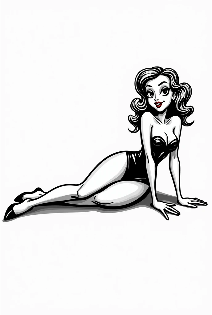 Caricature of a woman, with outlines, 1920's hairstyle ,sexy pin-up pose, lying pose, exaggerated body features, full body, black and white, white background